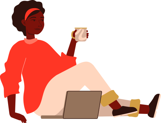 Woman sitting back with laptop and beverage.